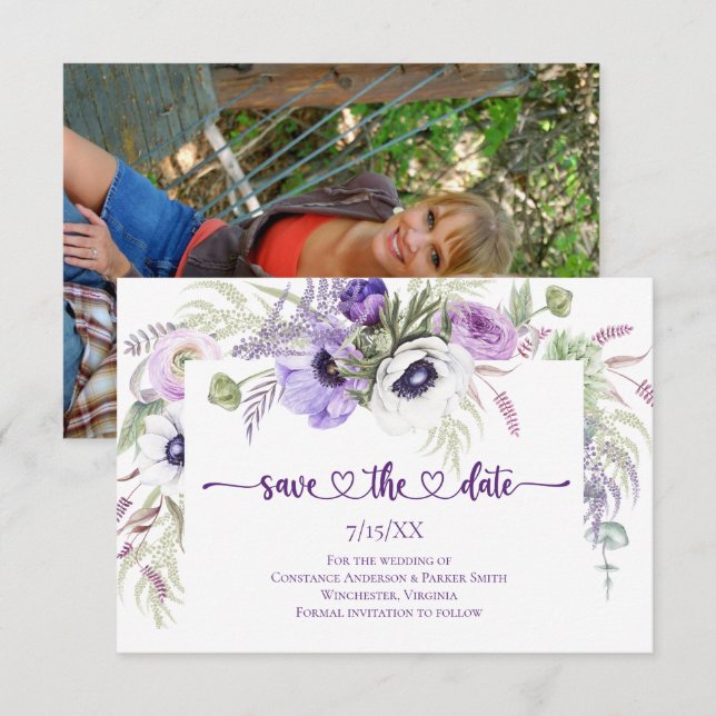 Purple Lavender White Floral Photo Save the Date (Front/Back)