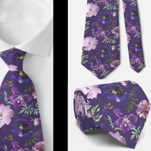 Purple Lavender White Floral Watercolor Flowers Ne Tie (Creator Uploaded)