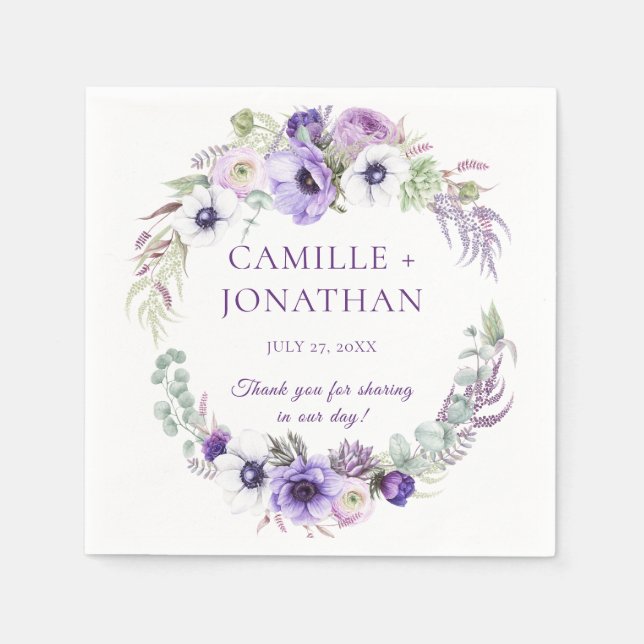 Purple Lavender White Floral Wreath Reception | Napkin (Front)