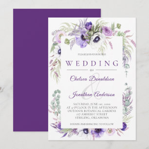 Purple Lavender White Watercolor Flowers Wedding Invitation