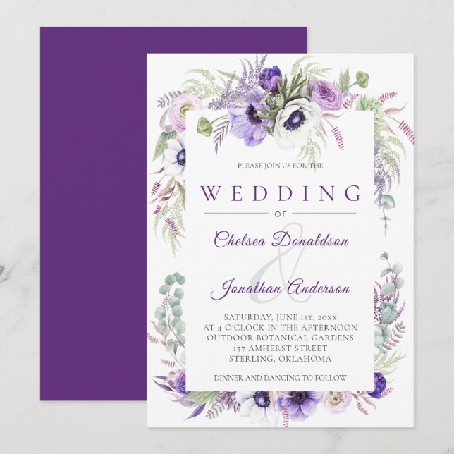 Purple Lavender White Watercolor Flowers Wedding Invitation (Front/Back)