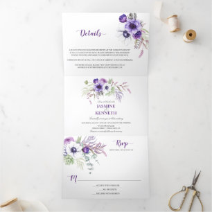 Purple Lavender White Watercolor Flowers Wedding Tri-Fold Invitation