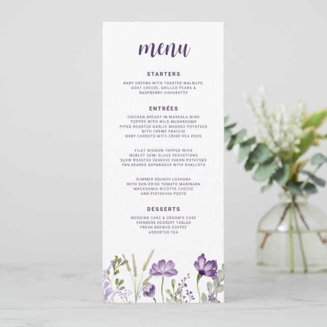 Purple & Lavender Wildflower Floral Wedding Menu (Standing Front)