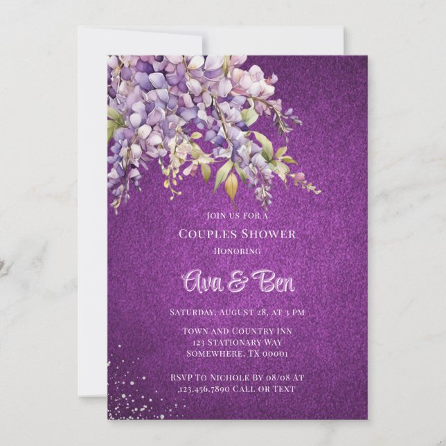 Purple Lavender Wisteria Glitter Couples Shower Invitation (Front)