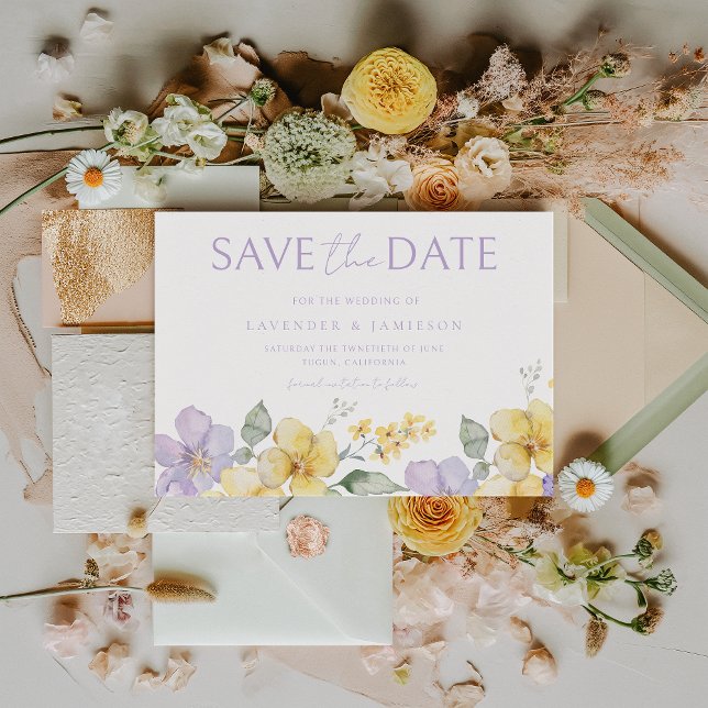 Purple Lavender & Yellow Sunshine Floral Wedding Save The Date (Creator Uploaded)