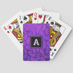 Purple leaf pattern bold monogram type modern playing cards