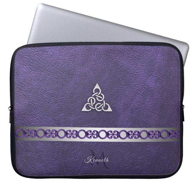 Purple Leather With Silver Celtic Knot Monogram Laptop Sleeve (Front)