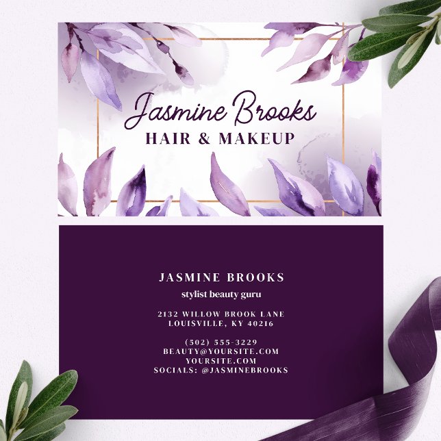 Purple Leaves and Gold Frame Watercolor Business Card (Creator Uploaded)