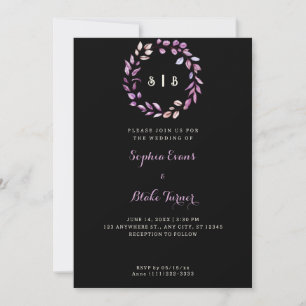 Purple Leaves Monogrammed Wreath Black Wedding Invitation