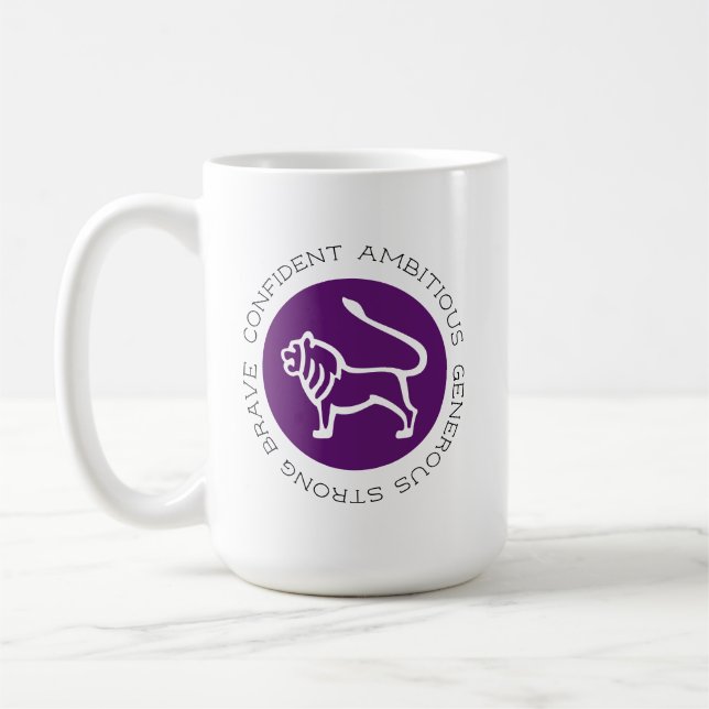 Purple Leo Zodiac Star Sign Personality Traits Coffee Mug (Left)