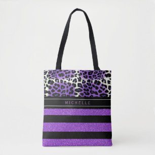 Purple Leopard & Black Purple Glitter Stripes  Tote Bag