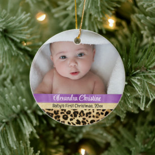 Purple Leopard Girl Babys First Christmas Photo Ce Ceramic Ornament