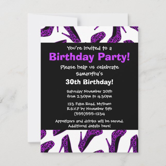 Purple Leopard High Heels Print Party Invitation (Front)