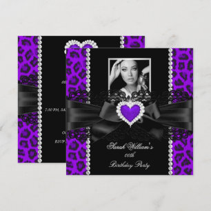 Purple Leopard Lace Heart Photo Birthday Party 2 Invitation