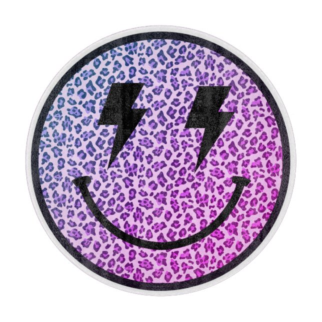 Purple Leopard Lightning Bolt Eyes Smile Cutting Board (Front)