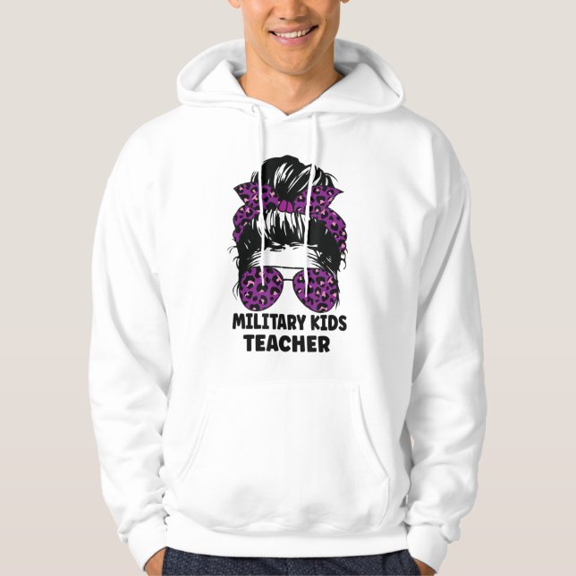 Purple Leopard Messy Bun For Military Kids Teacher Hoodie (Front)