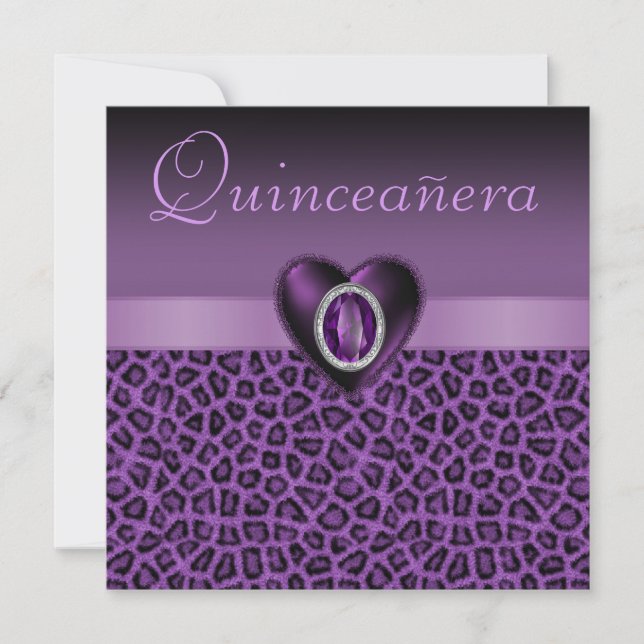 Purple Leopard Print & Bling Hearts Quinceanera Invitation (Front)