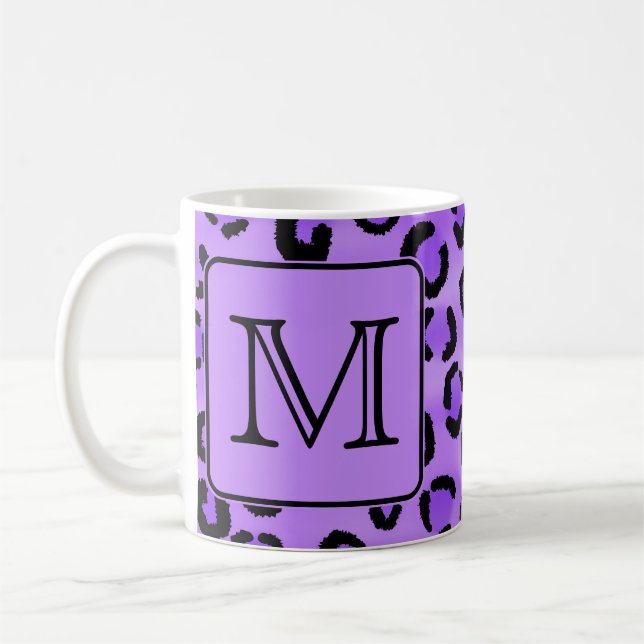 Purple Leopard Print Custom Monogram. Coffee Mug (Left)
