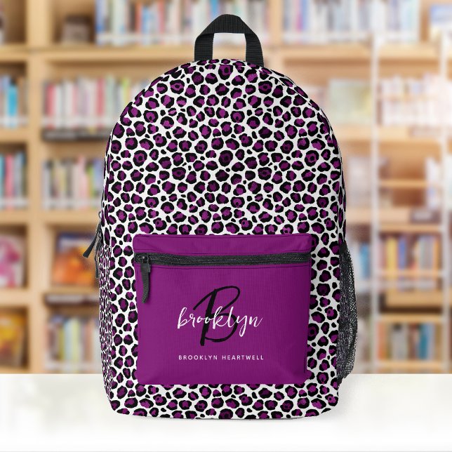 Purple Leopard Print Monogram Name Back to School Printed Backpack (Creator Uploaded)