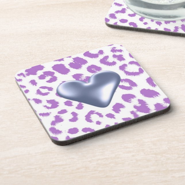Purple Leopard Print With Heart Design Coaster (Left Side)