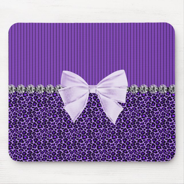 Purple Leopard with elegant bow faux diamond bling Mouse Pad (Front)
