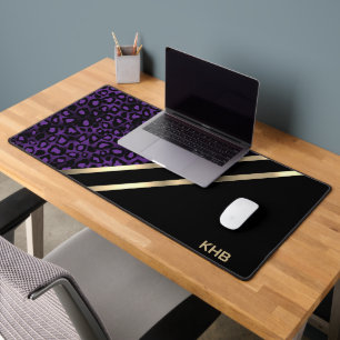 Purple Leopard with Gold & Black - Monogram Desk Mat