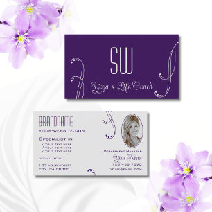 Purple Light Grey Ornate with Monogram and Photo Business Card