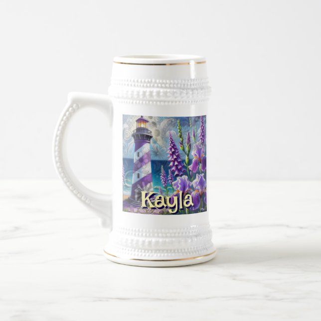 Purple Lighthouse w/Foxglove & Iris Personalized Beer Stein (Left)