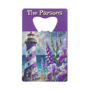 Purple Lighthouse w/Foxglove & Iris Personalized Credit Card Bottle Opener