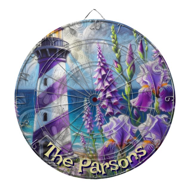 Purple Lighthouse w/Foxglove & Iris Personalized Dartboard (Front)