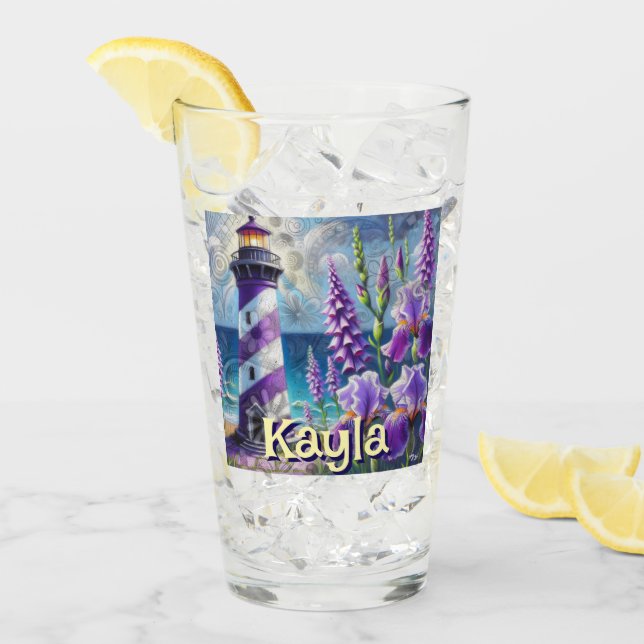 Purple Lighthouse w/Foxglove & Iris Personalized Glass (Front Ice)