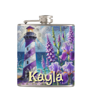 Purple Lighthouse w/Foxglove & Iris Personalized Hip Flask