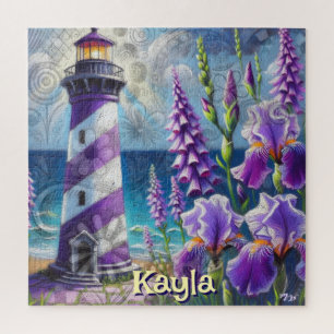 Purple Lighthouse w/Foxglove & Iris Personalized Jigsaw Puzzle