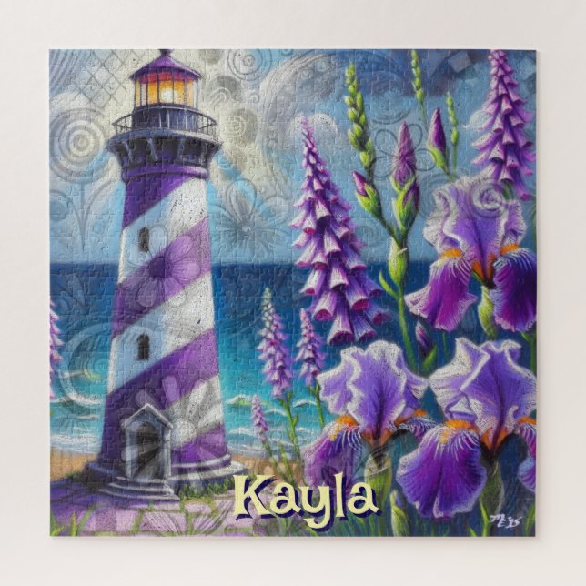 Purple Lighthouse w/Foxglove & Iris Personalized Jigsaw Puzzle (Vertical)