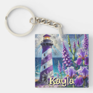 Purple Lighthouse w/Foxglove & Iris Personalized Keychain