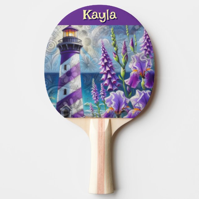 Purple Lighthouse w/Foxglove & Iris Personalized Ping Pong Paddle (Front)