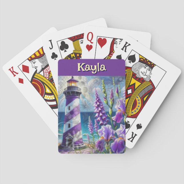Purple Lighthouse w/Foxglove & Iris Personalized Playing Cards (Back)