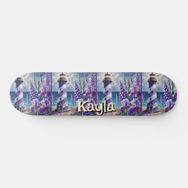 Purple Lighthouse w/Foxglove & Iris Personalized Skateboard (Horz)