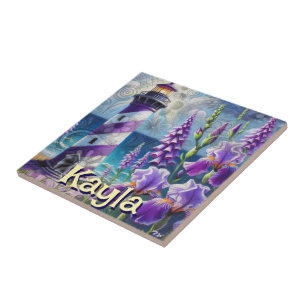 Purple Lighthouse w/Foxglove & Iris Personalized Tile