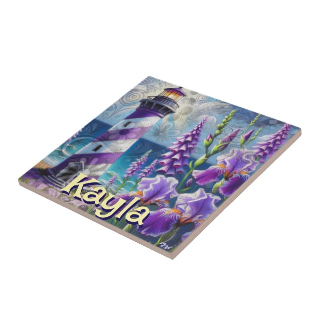 Purple Lighthouse w/Foxglove & Iris Personalized Tile (Side)