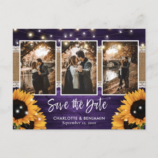 Purple Lights Sunflower 3 Photo Save The Date Announcement Postcard (Front)