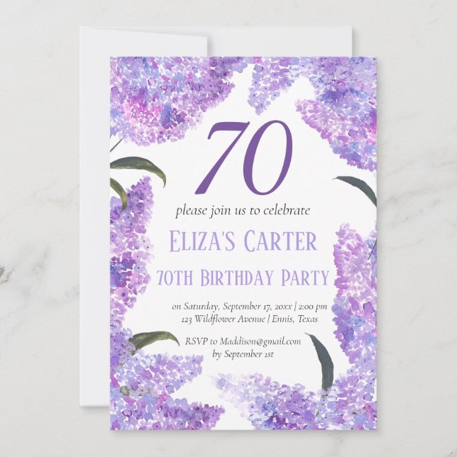 Purple Lilac 70th Floral Elegant Birthday  Invitation (Front)