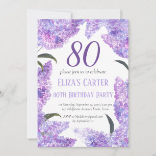 Purple Lilac 80th Floral Elegant Birthday  Invitation