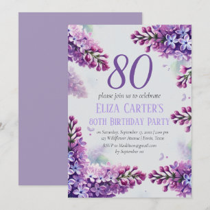 Purple Lilac 80th Floral Elegant Birthday  Invitation