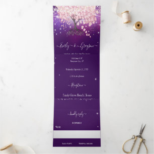 Purple Lilac and Pink Heart Leaf Tree Wedding Tri-Fold Invitation