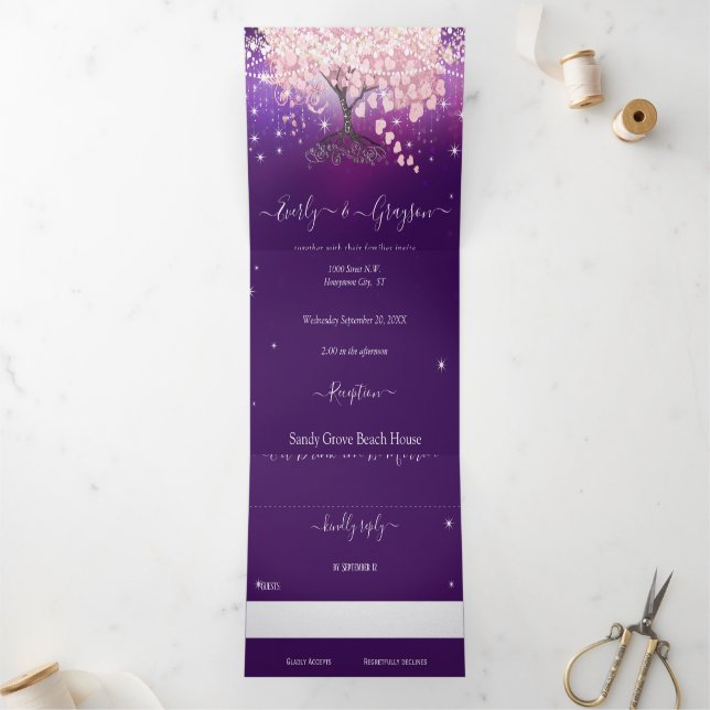 Purple Lilac and Pink Heart Leaf Tree Wedding Tri-Fold Invitation (Inside)