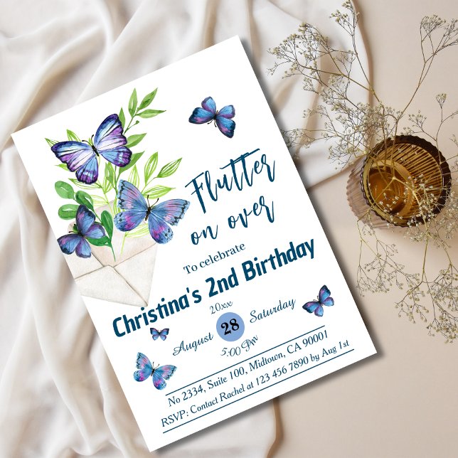 Purple lilac & blue butterfly themed 2nd birthday invitation (Creator Uploaded)