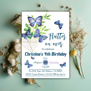 Purple lilac & blue butterfly themed 4th birthday invitation