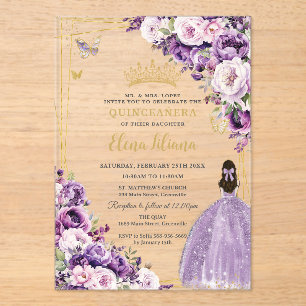 Purple Lilac Blush Floral Quinceanera 15 Sweet 16 Acrylic Invitations