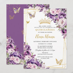 Purple Lilac Blush Floral Quinceanera 15 Sweet 16  Invitation